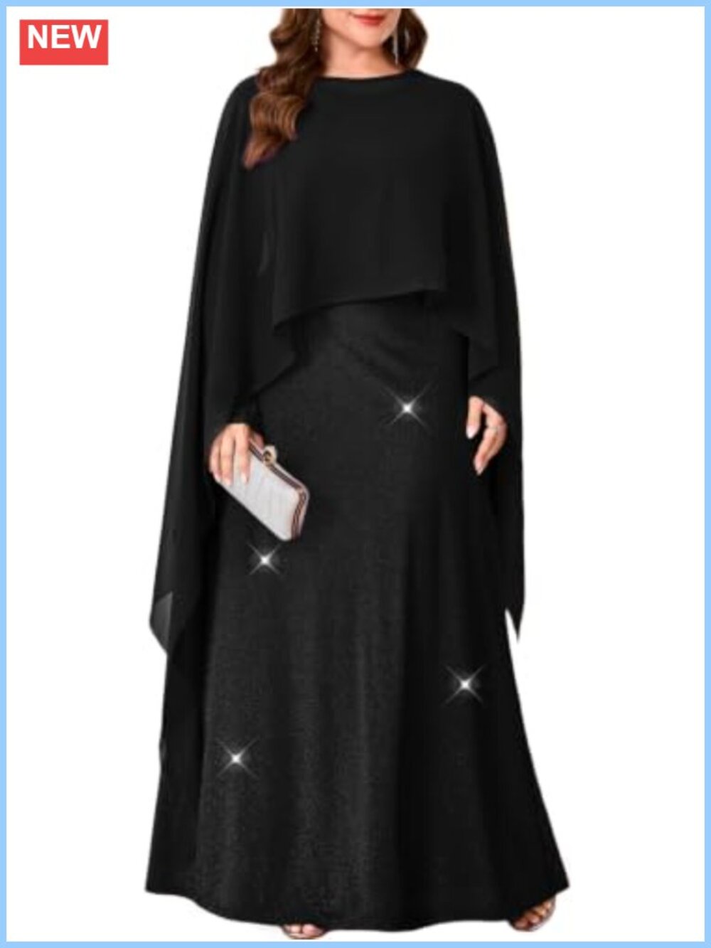 Sparkly Plus Size Evening Gown Maxi Dress with Chiffon Cape